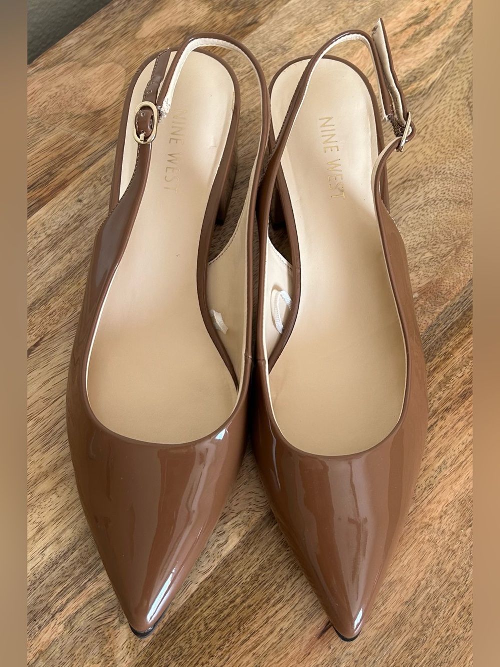 Nine West Camel Pointed Faux Patent Leather Slingback Buckle 2 inch Pumps